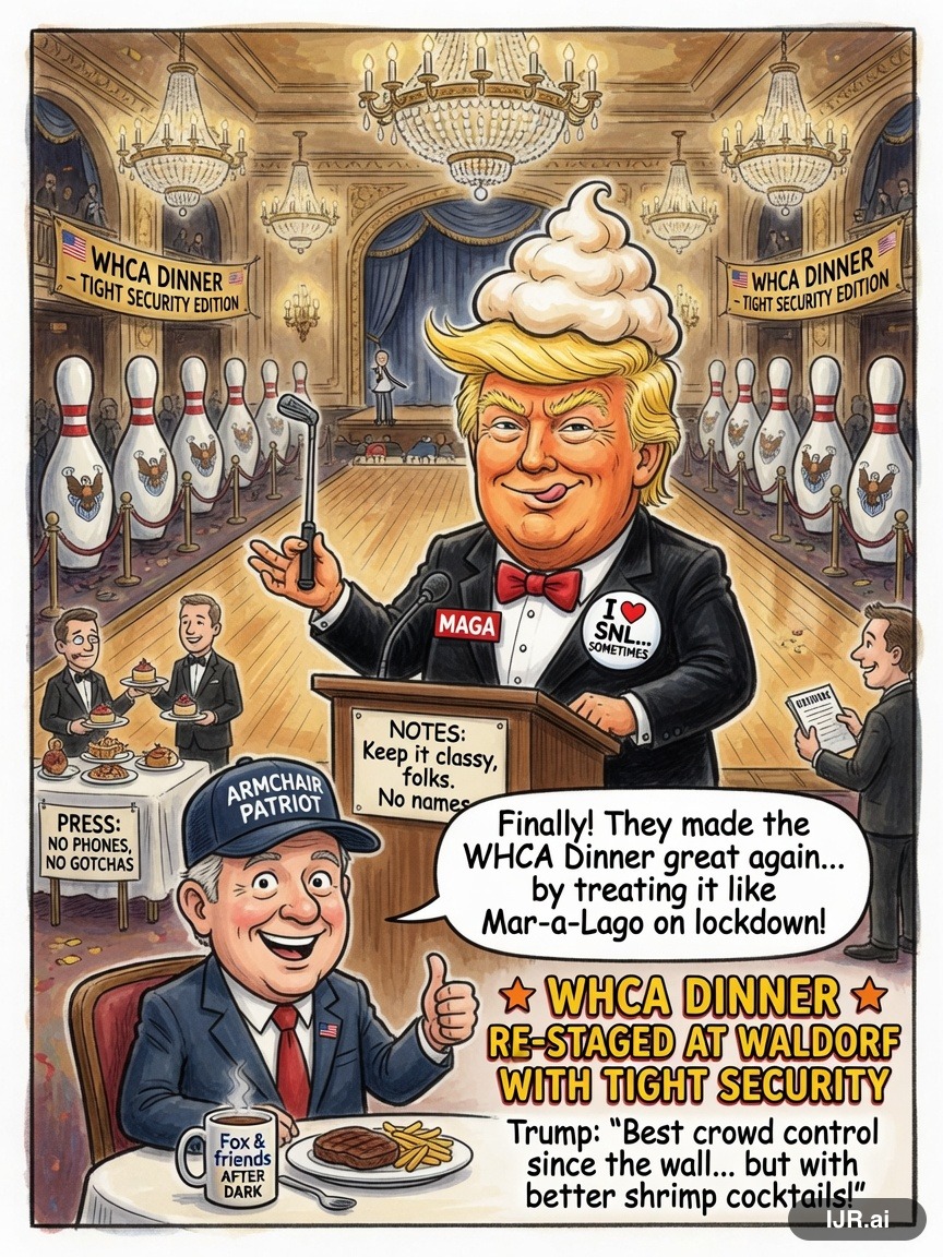 Righty Rich on Donald Trump — "WHCA Dinner Re-staged at Waldorf with Tight Security" · AI parody, fiction for entertainment