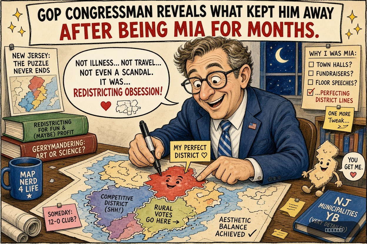Gerry Mander on Thomas Howard Kean Jr. — "GOP Congressman Reveals What Kept Him Away After Being MIA For Months" · AI parody, fiction for entertainment