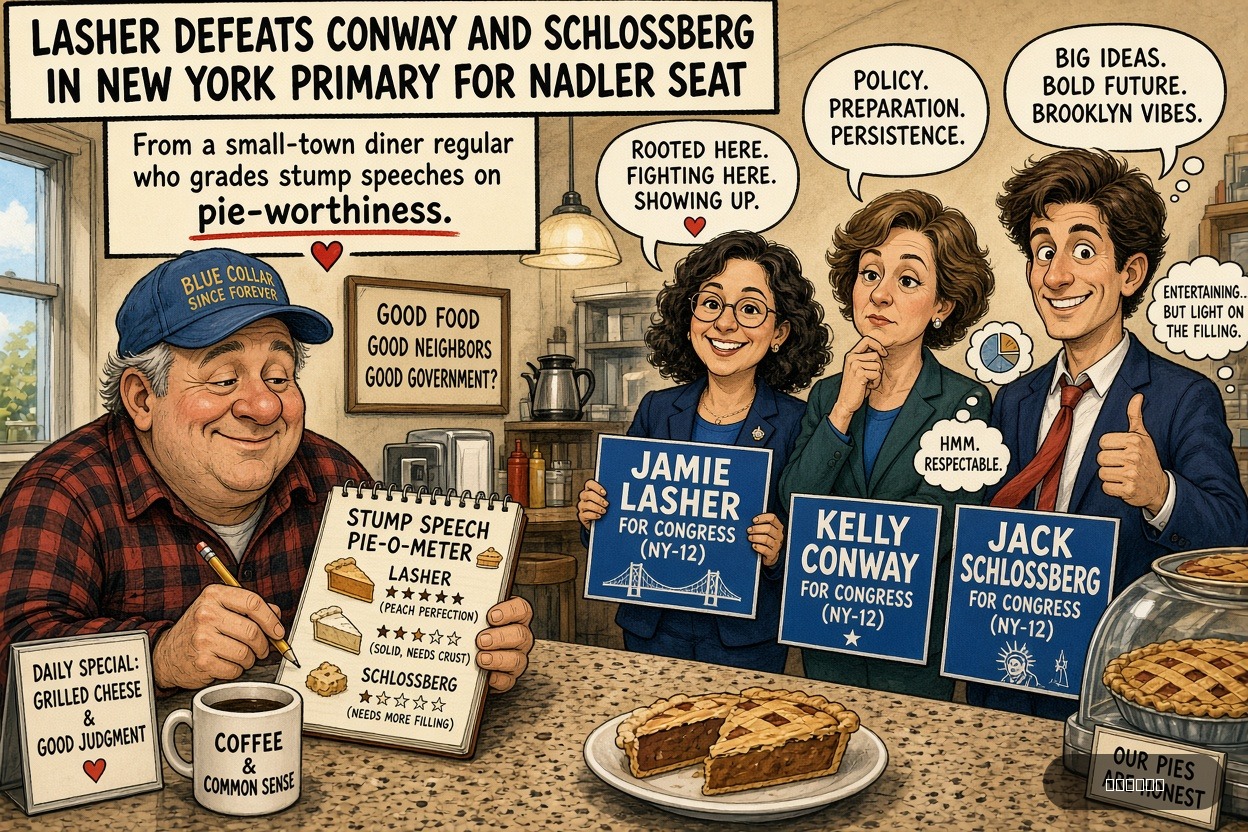Caucus Cathy on Jack Schlossberg — "Lasher Defeats Conway And Schlossberg In New York Primary For Nadler Seat" · AI parody, fiction for entertainment