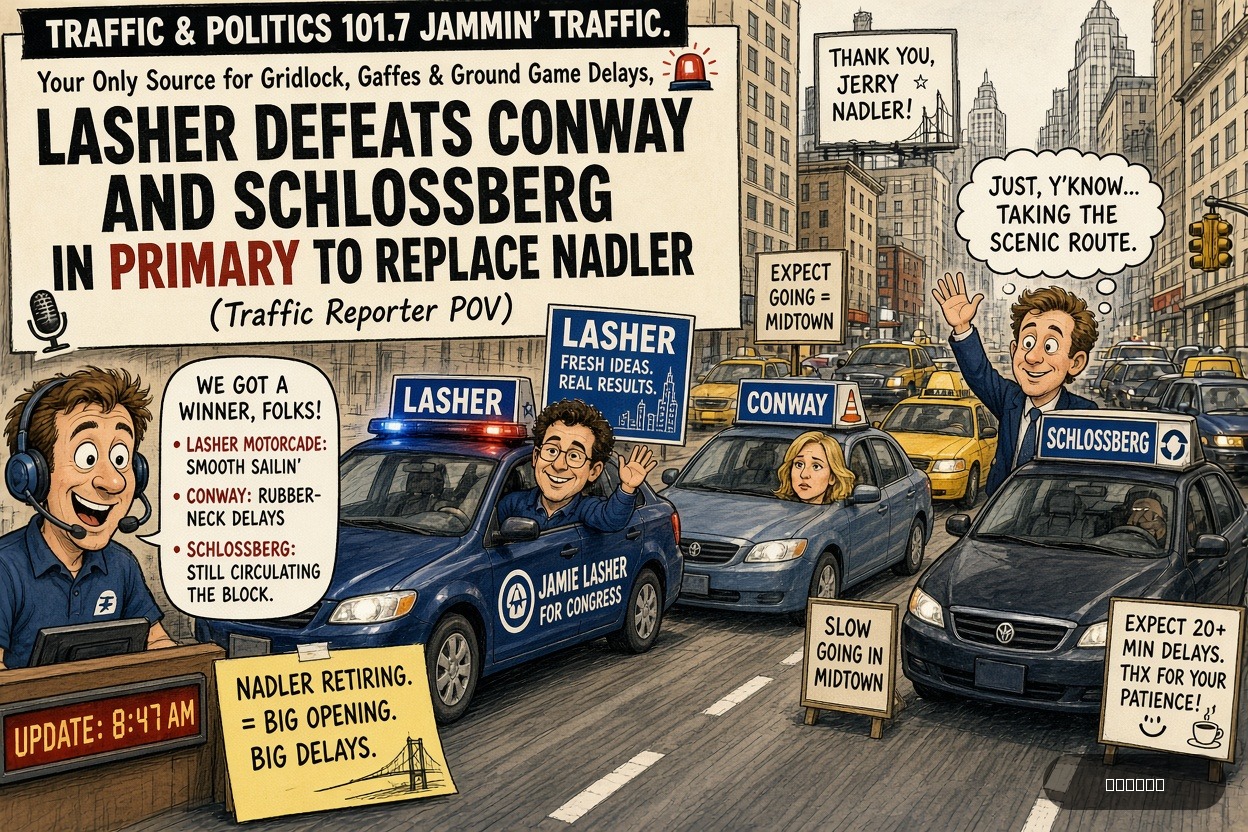 Motorcade Mike on Jack Schlossberg — "Lasher Defeats Conway And Schlossberg In Primary To Replace Nadler" · AI parody, fiction for entertainment