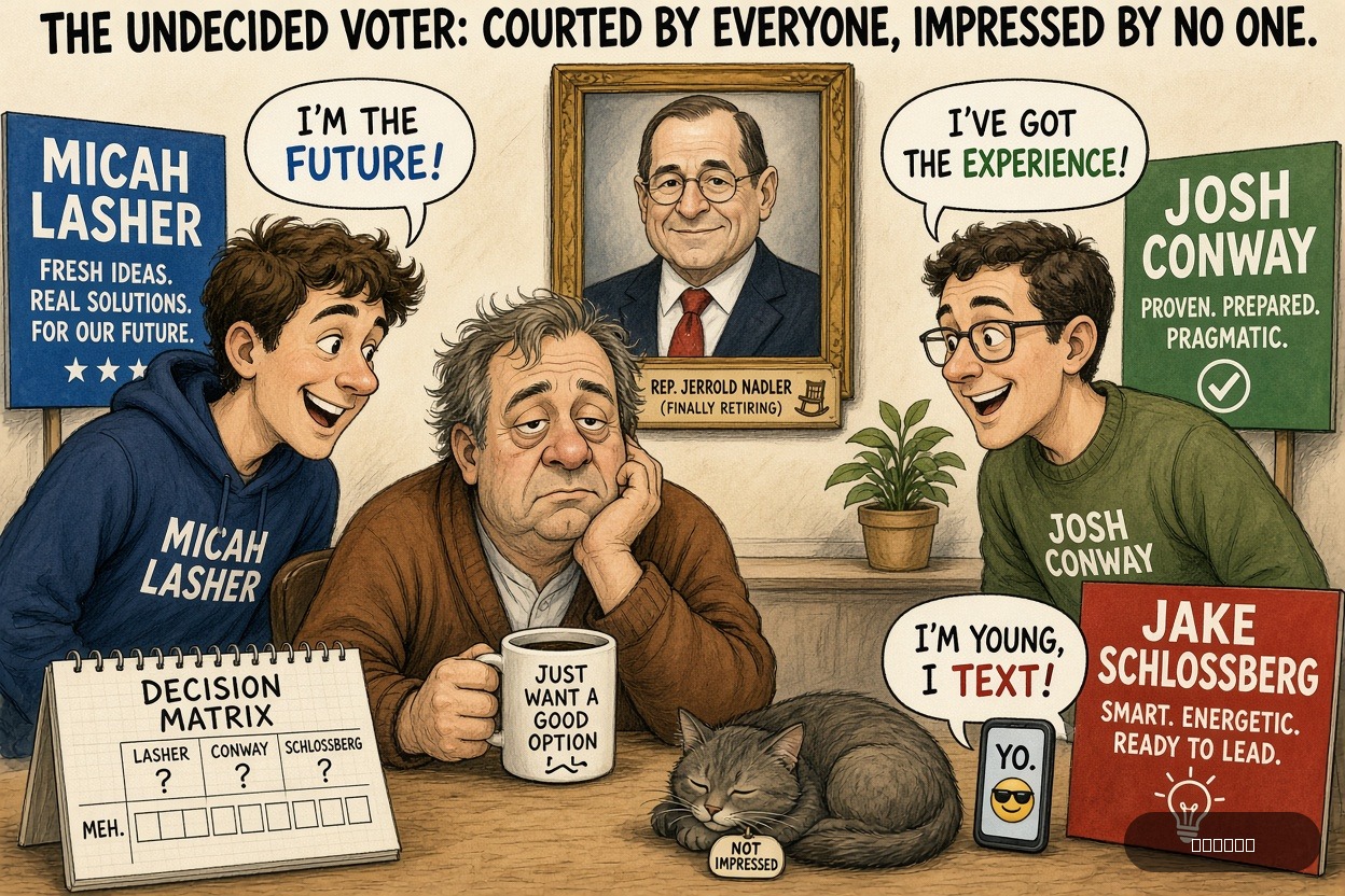 Swing State Sue on Jerrold Nadler — "Micah Lasher defeats Conway and Schlossberg in race to replace Nadler" · AI parody, fiction for entertainment