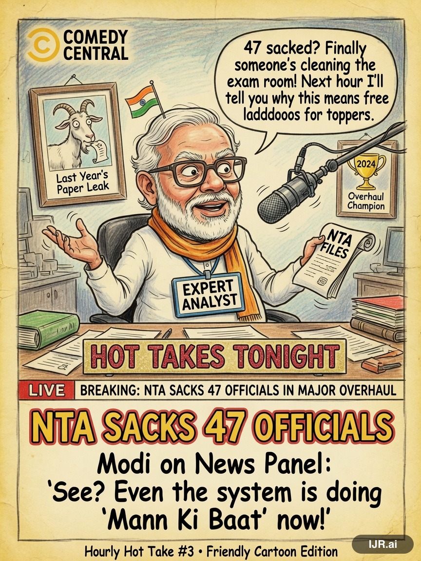 Pundit Pete on Narendra Modi — "NTA Sacks 47 Officials in Major Overhaul" · AI parody, fiction for entertainment