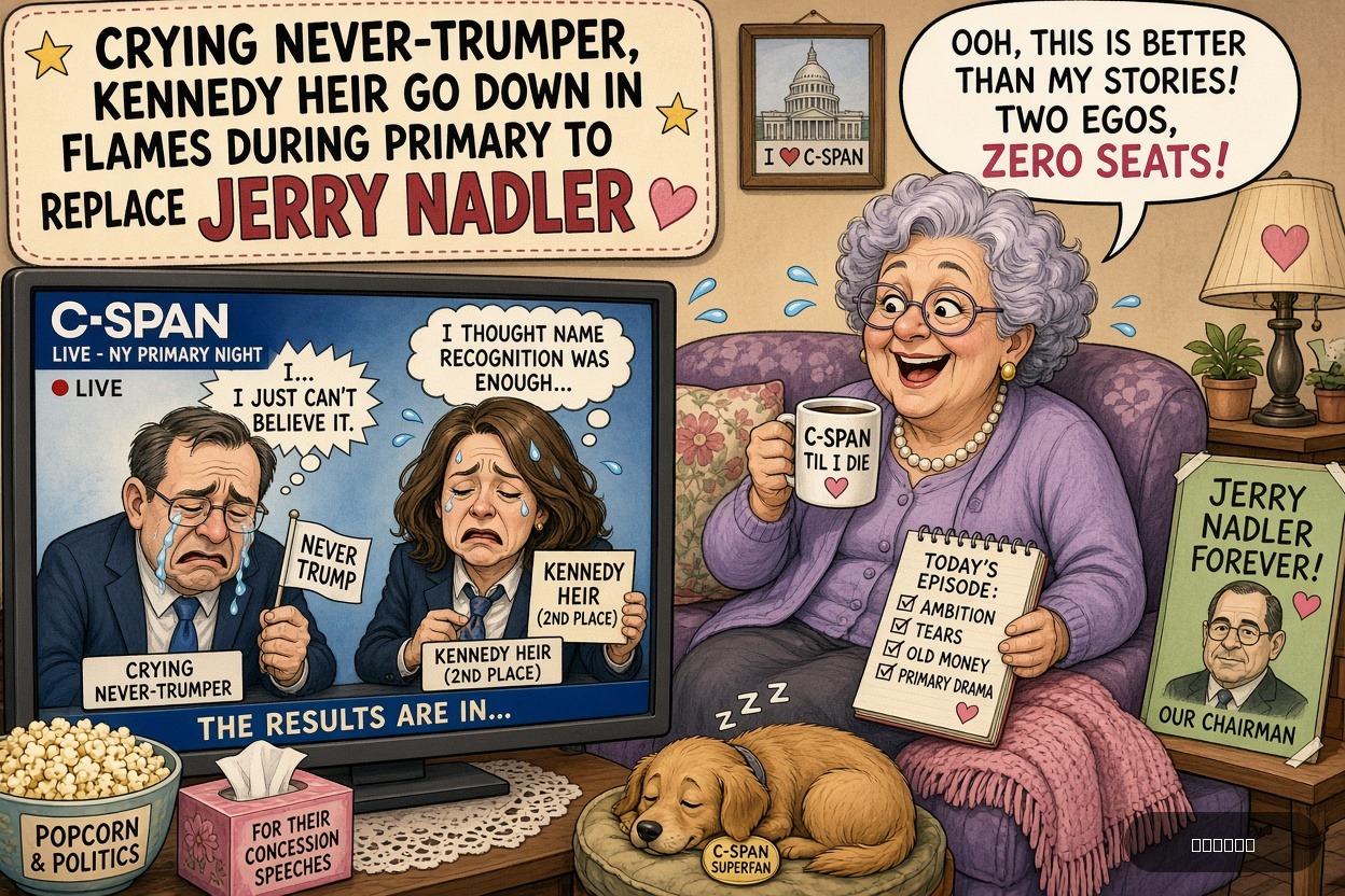 Filibuster Fran on Jerrold Nadler — "Crying Never-Trumper, Kennedy Heir Go Down In Flames During Primary To Replace Jerry Nadler" · AI parody, fiction for entertainment