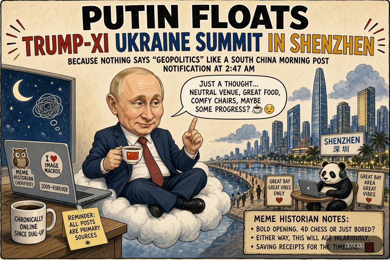 Meme Queen Mae on Vladimir Putin — "Putin Floats Trump-Xi Ukraine Summit in Shenzhen" · AI parody, fiction for entertainment