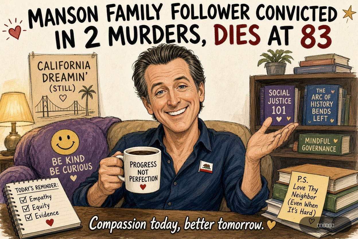 Lefty Larry on Gavin Newsom — "Manson Family Follower Convicted in 2 Murders, Dies at 83" · AI parody, fiction for entertainment