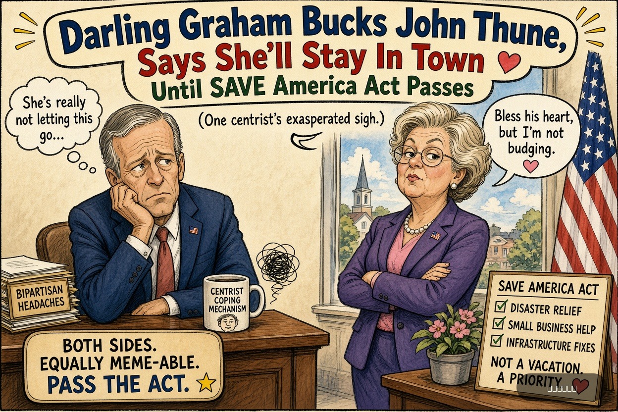 Centrist Cindy on John Thune — "Darline Graham Bucks John Thune, Says She’ll Stay In Town Until SAVE America Act Passes" · AI parody, fiction for entertainment
