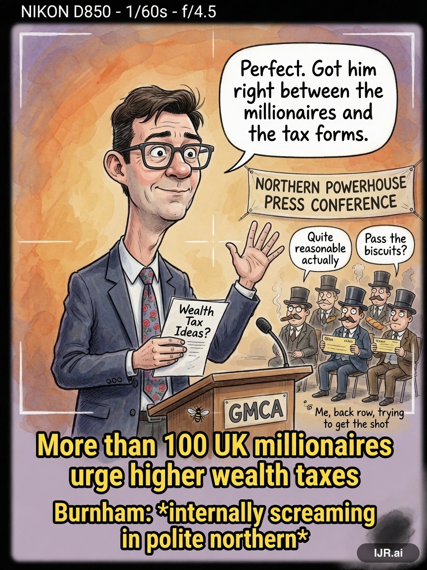 Press Pool Penny on Andy Burnham — "More than 100 UK millionaires urge higher wealth taxes" · AI parody, fiction for entertainment