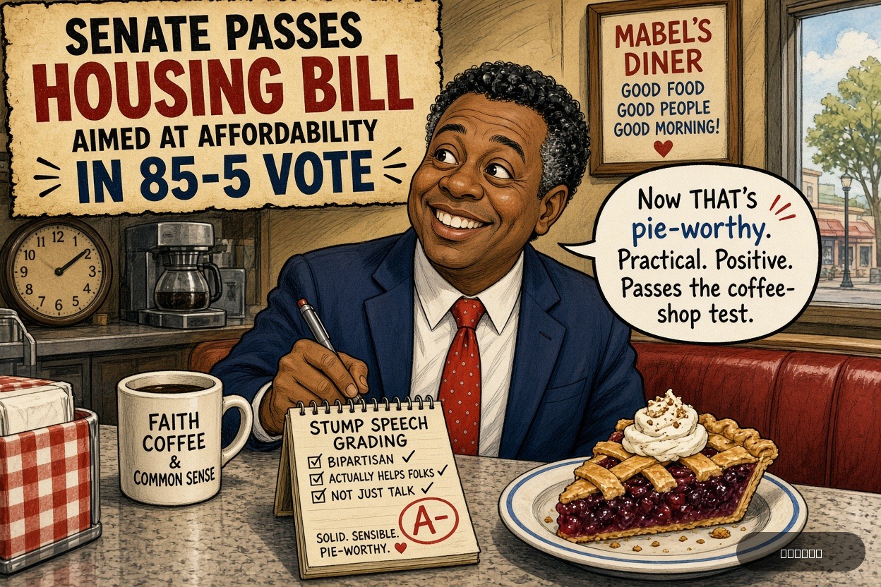 Caucus Cathy on Tim Scott — "Senate Passes Housing Bill Aimed At Affordability In 85-5 Vote" · AI parody, fiction for entertainment
