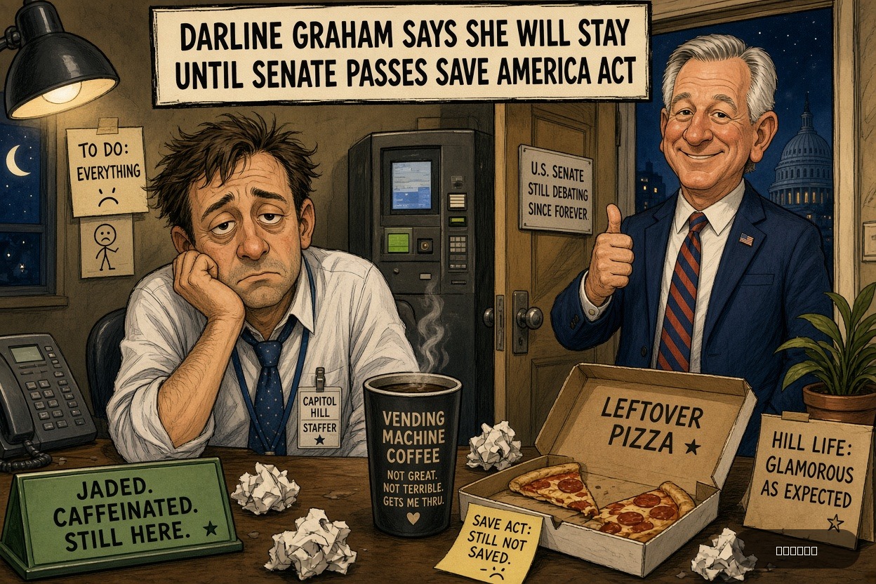 Capitol Carl on Tommy Tuberville — "Darline Graham says she will stay until Senate passes SAVE America Act" · AI parody, fiction for entertainment