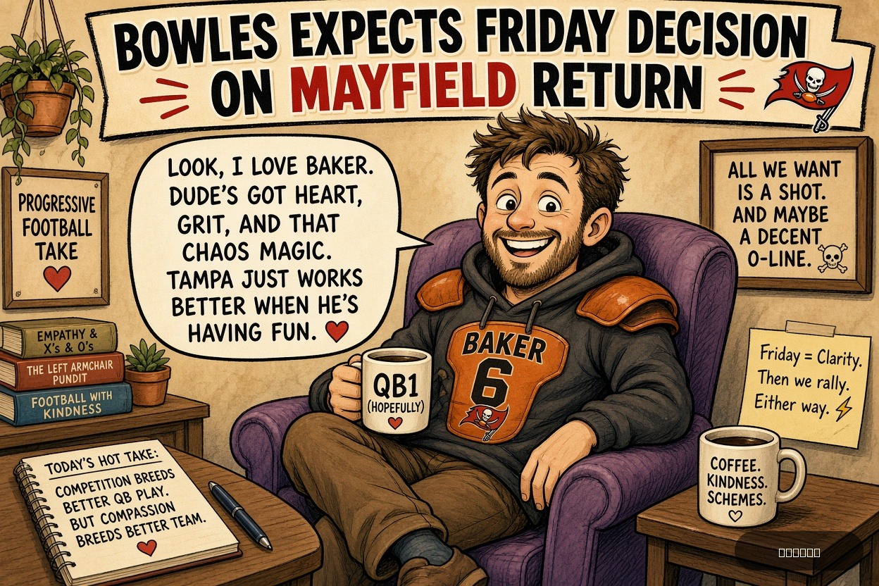 Lefty Larry on Baker Mayfield — "Bowles expects Friday decision on Mayfield return" · AI parody, fiction for entertainment