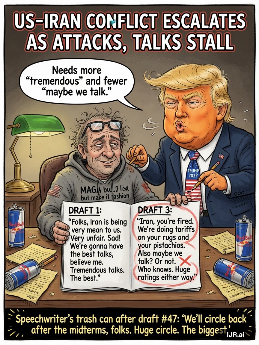Teleprompter Tina on Donald Trump — "US-Iran Conflict Escalates as Attacks, Talks Stall" · AI parody, fiction for entertainment