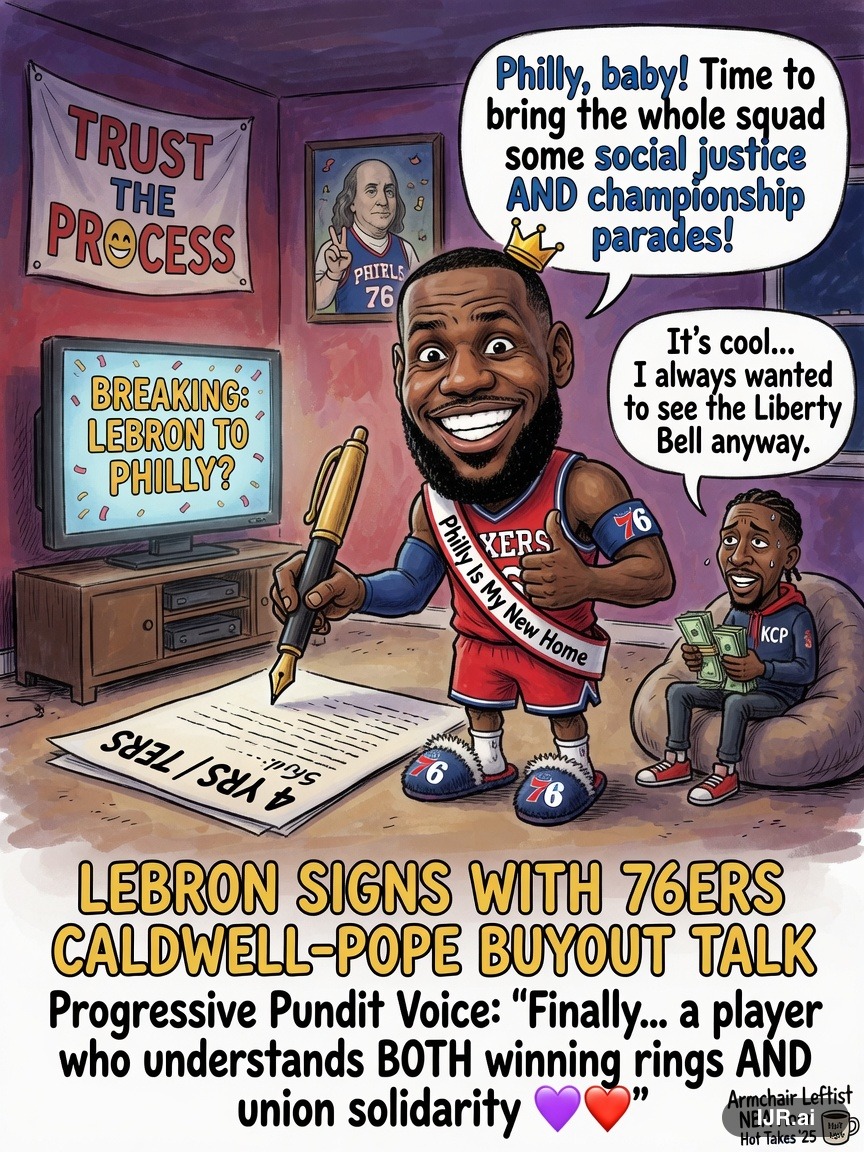 Lefty Larry on LeBron James — "LeBron Signs with 76ers; Caldwell-Pope Buyout Talk" · AI parody, fiction for entertainment