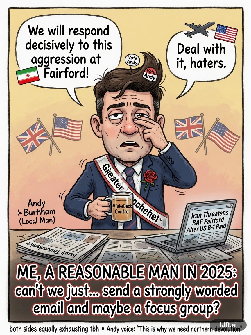 Centrist Cindy on Andy Burnham — "Iran Threatens RAF Fairford After US B-1 Raid" · AI parody, fiction for entertainment