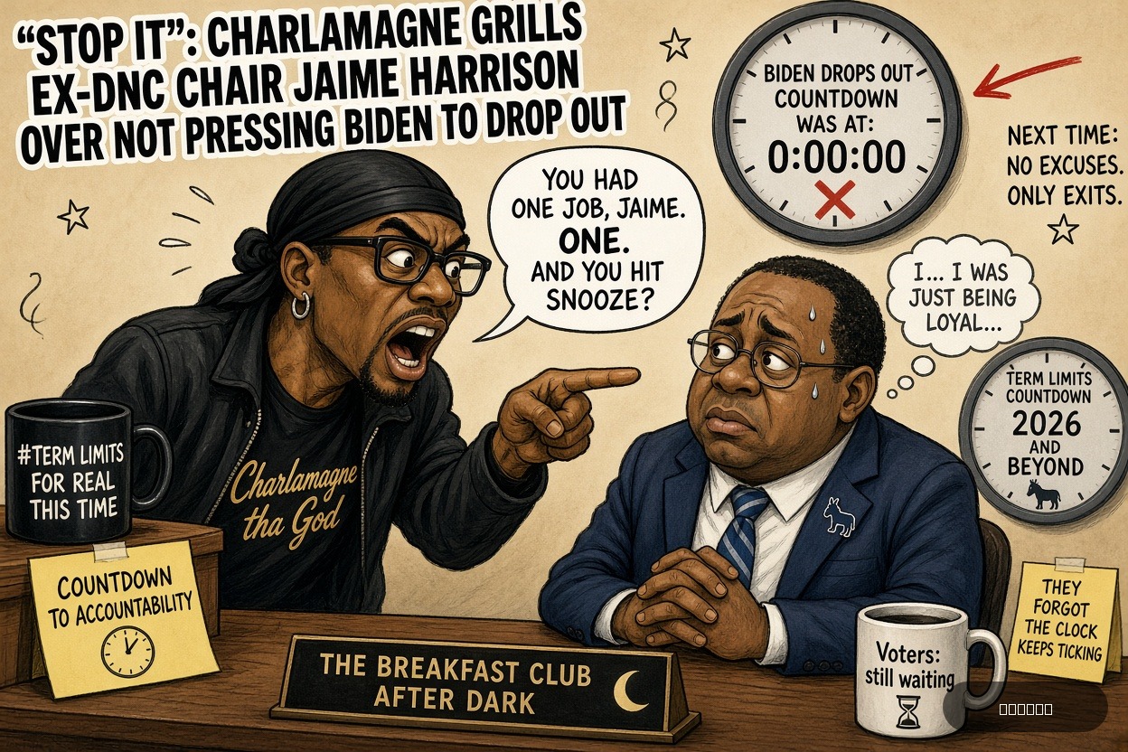 Lame Duck Dave on Charlamagne tha God — "‘Stop It’: Charlamagne Grills Ex-DNC Chair Jaime Harrison Over Not Pressing Biden To Drop Out" · AI parody, fiction for entertainment