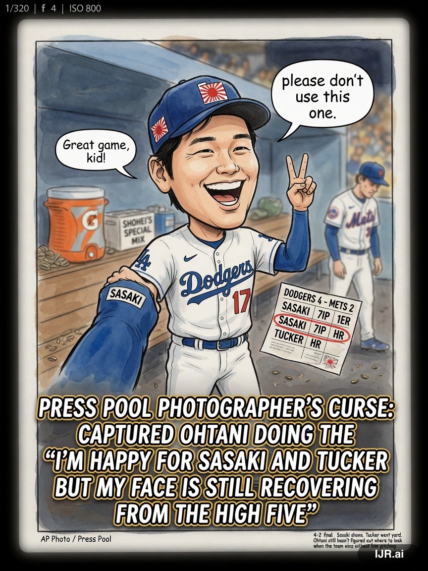 Press Pool Penny on Shohei Ohtani — "Dodgers top Mets 4-2; Sasaki shines, Tucker homer" · AI parody, fiction for entertainment