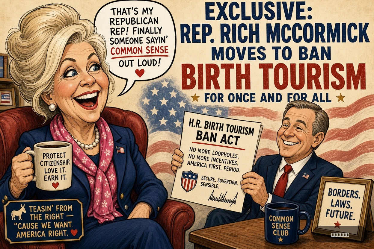 Righty Rich on Marsha Blackburn — "EXCLUSIVE: Rep. Rich McCormick Moves To Ban Birth Tourism For Once And For All" · AI parody, fiction for entertainment