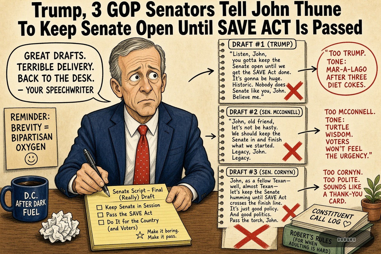 Teleprompter Tina on John Thune — "Trump, 3 GOP Senators Tell John Thune To Keep Senate Open Until SAVE ACT Is Passed" · AI parody, fiction for entertainment