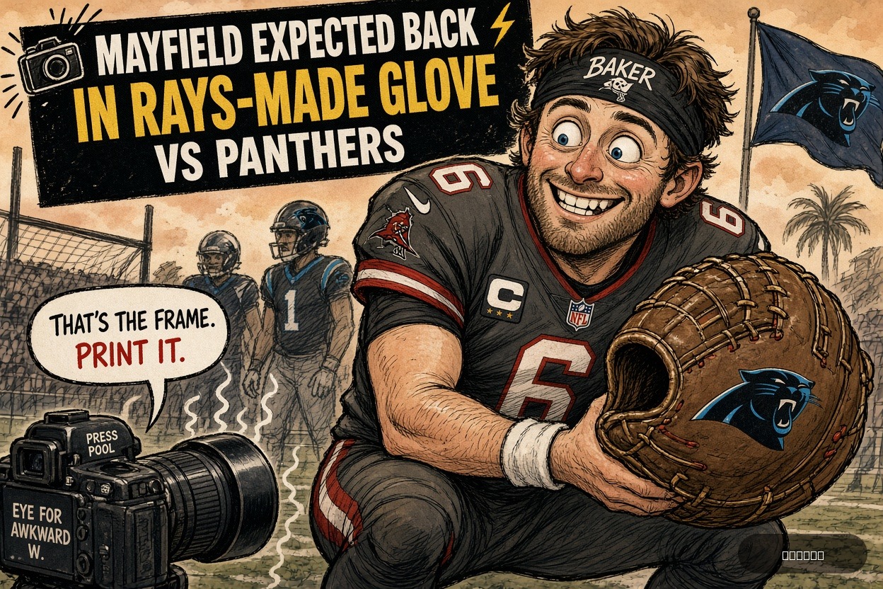 Press Pool Penny on Baker Mayfield — "Mayfield Expected Back in Rays-Made Glove vs Panthers" · AI parody, fiction for entertainment