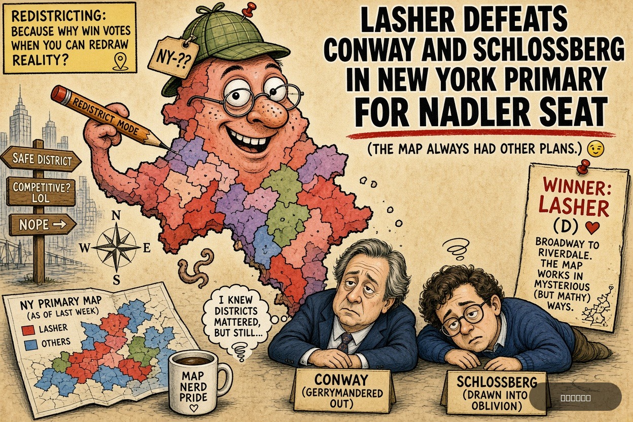 Gerry Mander on George T. Conway III — "Lasher Defeats Conway And Schlossberg In New York Primary For Nadler Seat" · AI parody, fiction for entertainment