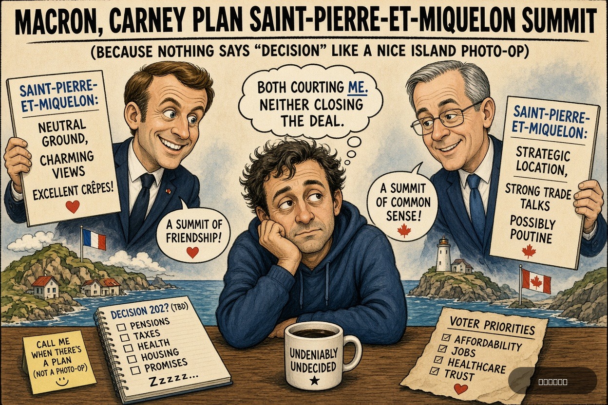 Swing State Sue on Emmanuel Macron — "Macron, Carney plan Saint-Pierre-et-Miquelon summit" · AI parody, fiction for entertainment