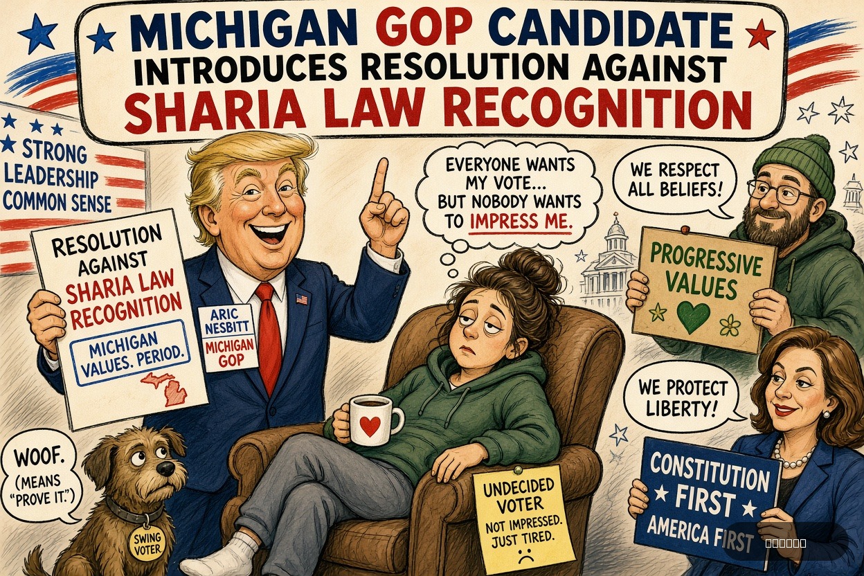 Swing State Sue on Aric Nesbitt — "Michigan GOP Candidate Introduces Resolution Against Sharia Law Recognition" · AI parody, fiction for entertainment