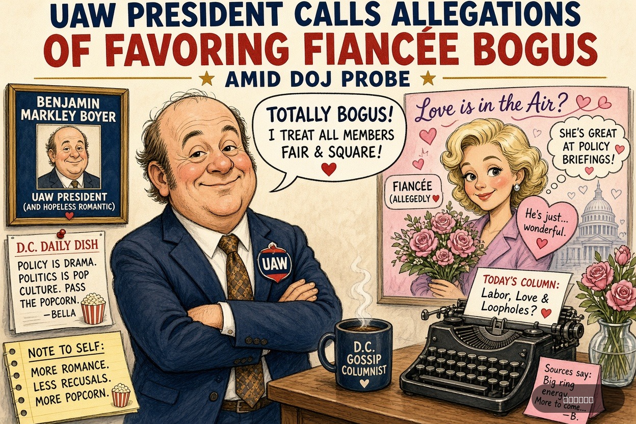 Beltway Betty on Benjamin Markley Boyer — "UAW President Calls Allegations of Favoring Fiancée Bogus Amid DOJ Probe" · AI parody, fiction for entertainment