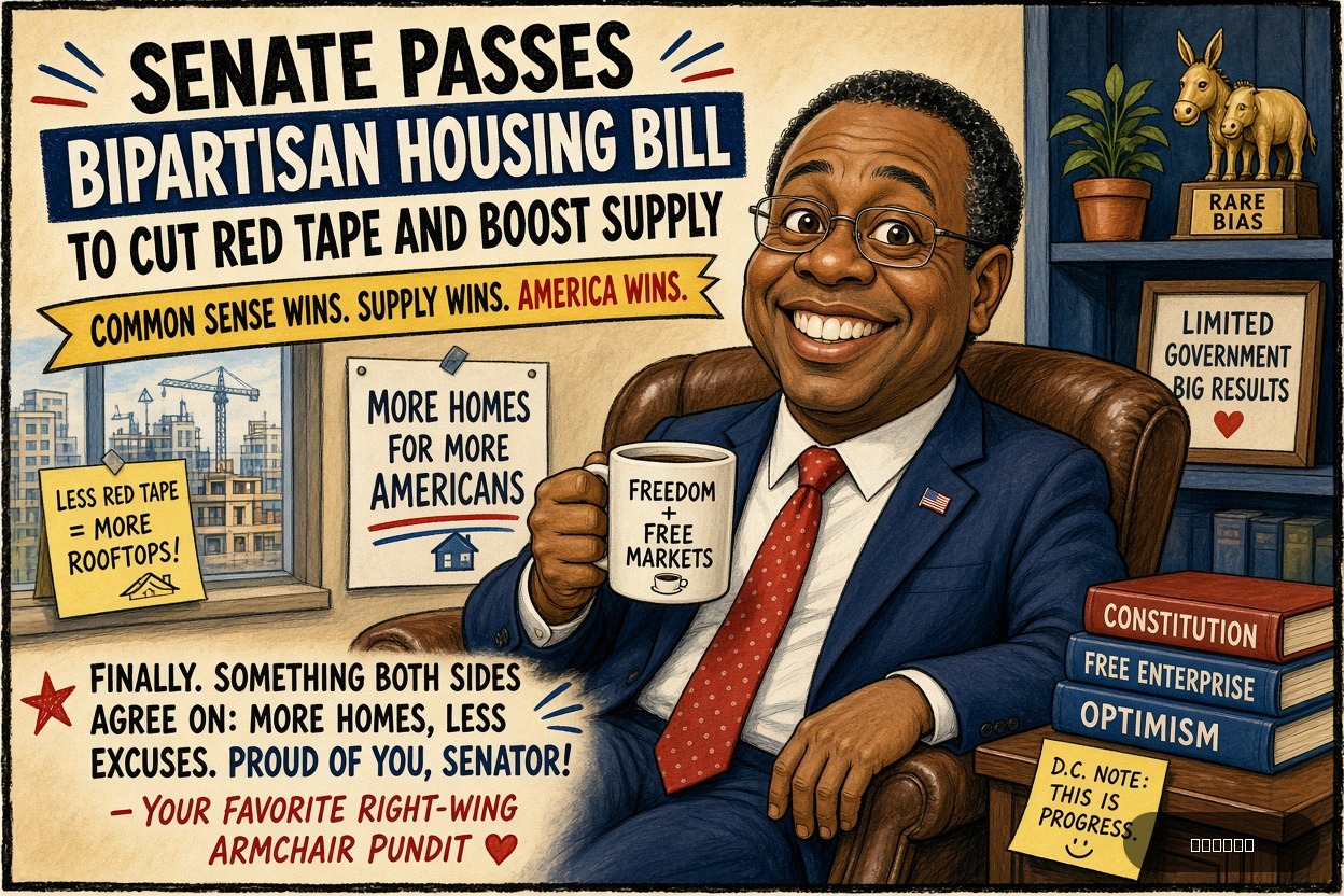 Righty Rich on Tim Scott — "Senate Passes Bipartisan Housing Bill to Cut Red Tape and Boost Supply" · AI parody, fiction for entertainment