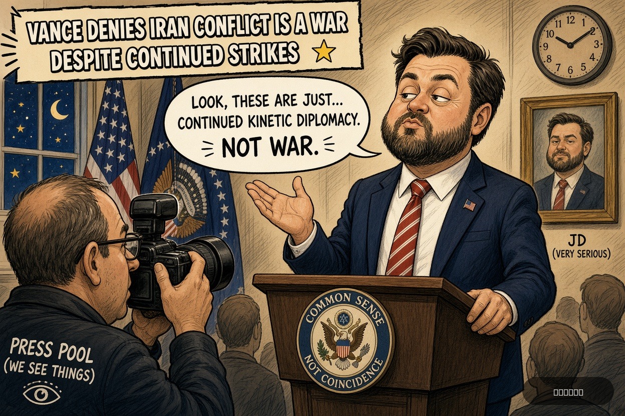 Press Pool Penny on J.D. Vance — "Vance denies Iran conflict is a war despite continued strikes" · AI parody, fiction for entertainment