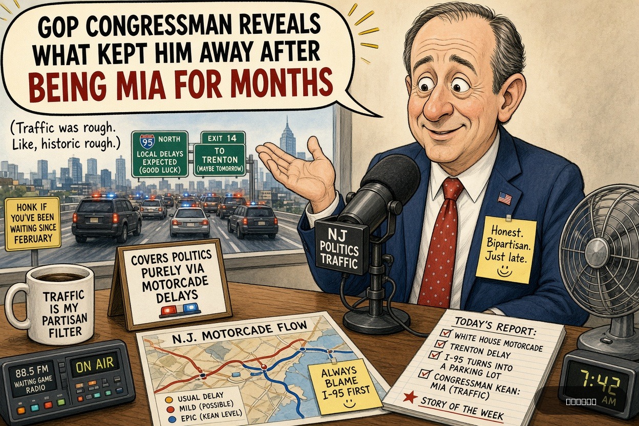 Motorcade Mike on Thomas Howard Kean Jr. — "GOP Congressman Reveals What Kept Him Away After Being MIA For Months" · AI parody, fiction for entertainment