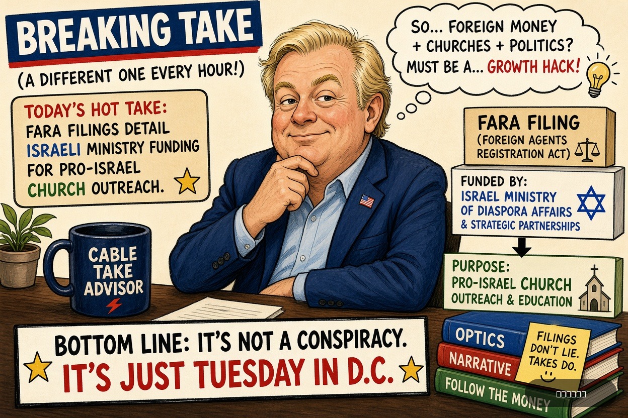 Pundit Pete on Brad Parscale — "FARA Filings Detail Israeli Ministry Funding For Pro-Israel Church Outreach" · AI parody, fiction for entertainment