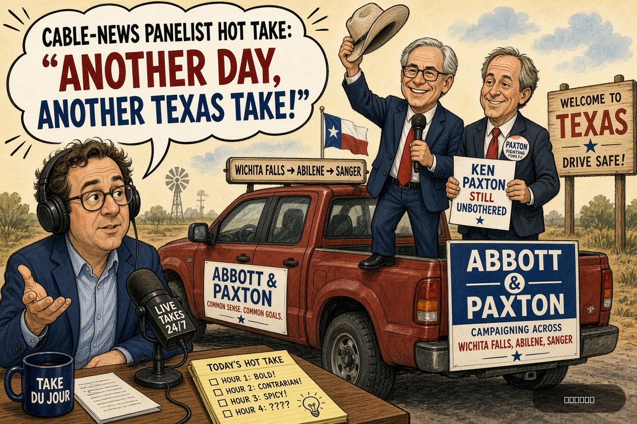 Pundit Pete on Ken Paxton — "Abbott, Paxton campaign across Wichita Falls, Abilene, Sanger" · AI parody, fiction for entertainment
