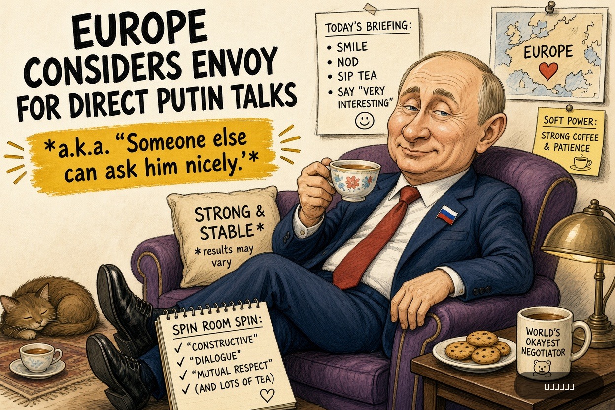 Spin Room Rosa on Vladimir Putin — "Europe considers envoy for direct Putin talks" · AI parody, fiction for entertainment