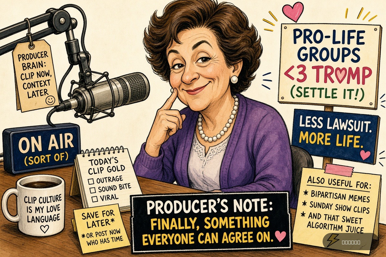 Soundbite Sam on Marjorie Dannenfelser — "Pro-Life Groups Urge Trump Administration to Settle Abortion Pill Lawsuit" · AI parody, fiction for entertainment