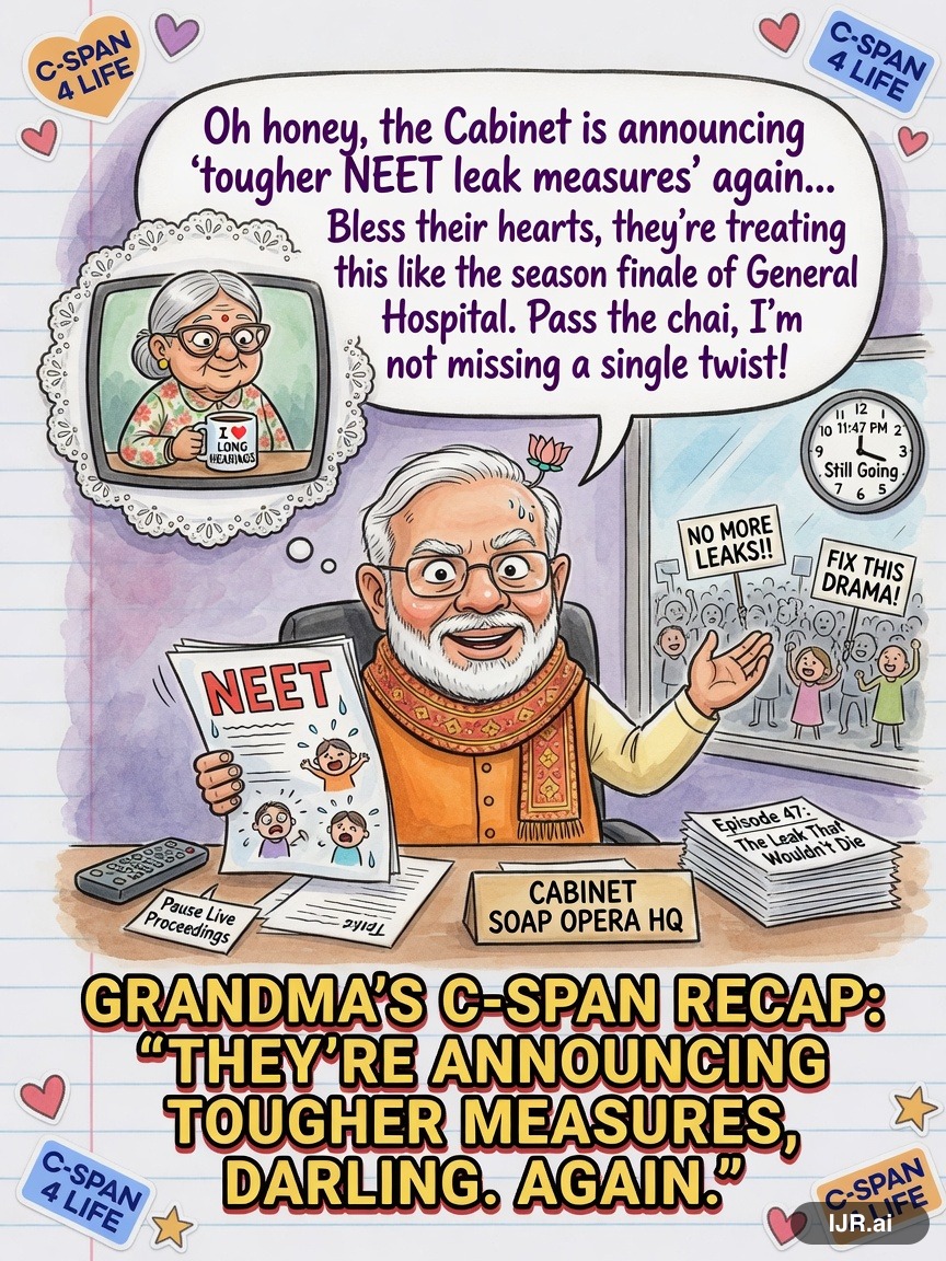 Filibuster Fran on Narendra Modi — "Cabinet to announce tougher NEET leak measures amid protests" · AI parody, fiction for entertainment