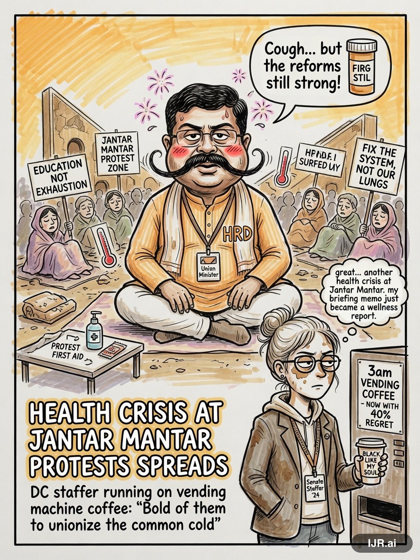 Capitol Carl on Dharmendra Pradhan — "Health crisis at Jantar Mantar protests spreads" · AI parody, fiction for entertainment