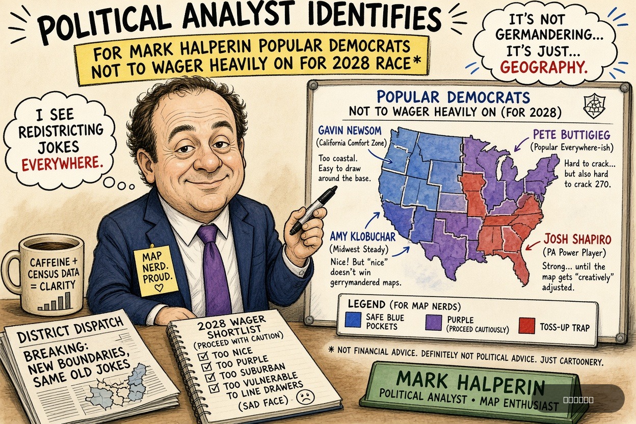 Gerry Mander on Mark Halperin — "Political Analyst Identifies For Mark Halperin Popular Democrats Not To Wager Heavily On For 2028 Race" · AI parody, fiction for entertainment