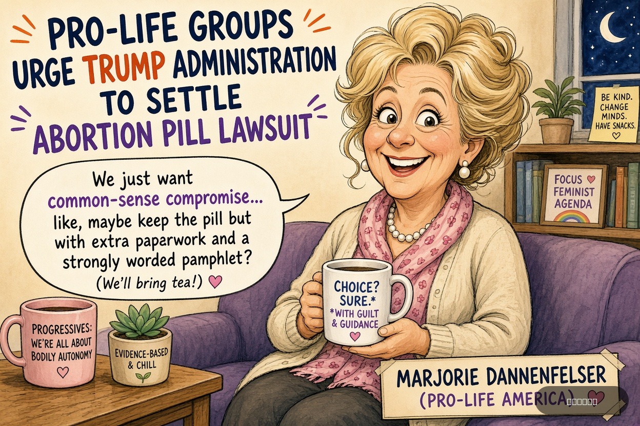 Lefty Larry on Marjorie Dannenfelser — "Pro-Life Groups Urge Trump Administration to Settle Abortion Pill Lawsuit" · AI parody, fiction for entertainment