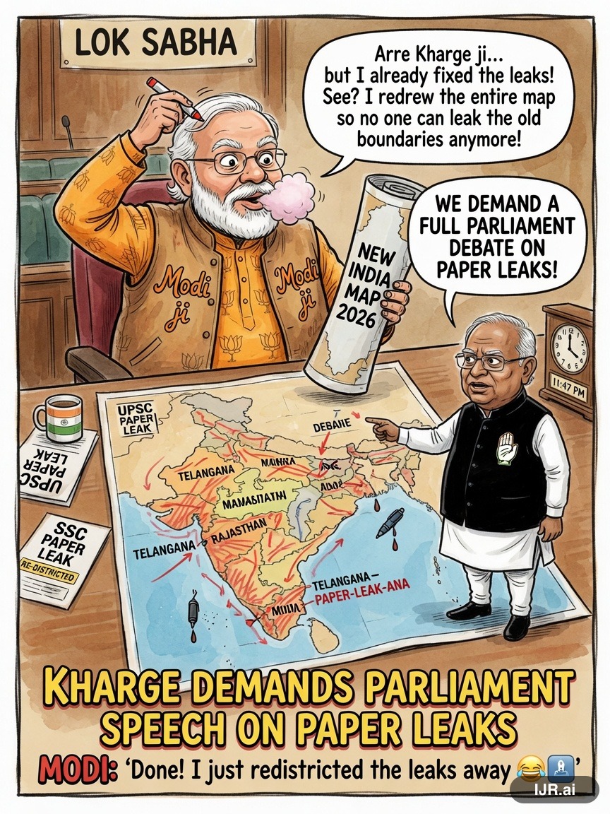Gerry Mander on Narendra Modi — "Kharge demands Parliament speech on paper leaks" · AI parody, fiction for entertainment