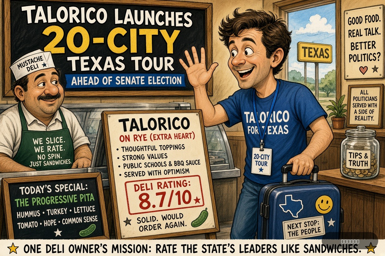 Veto Vinny on James Talarico's — "Talarico launches 20-city Texas tour ahead of Senate election" · AI parody, fiction for entertainment