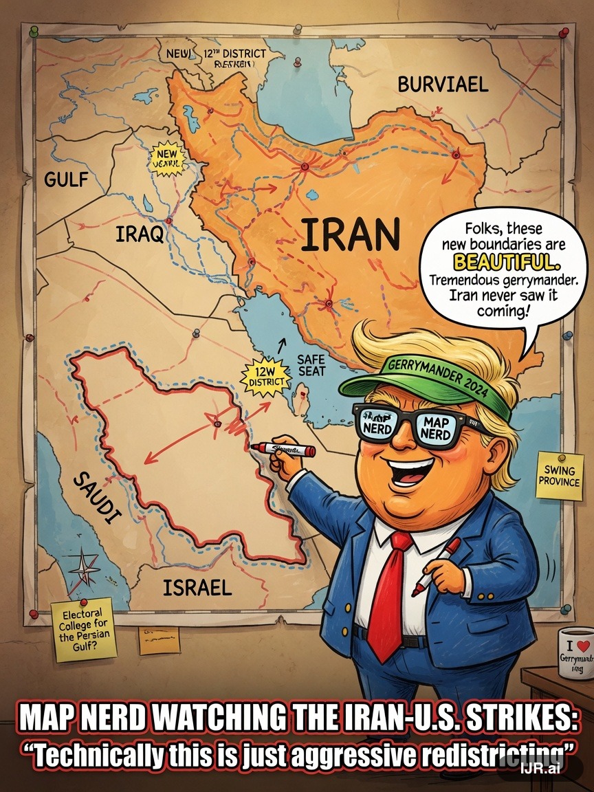 Gerry Mander on Donald Trump — "Iran-U.S. Strikes Escalate, Regional Tensions Widen" · AI parody, fiction for entertainment