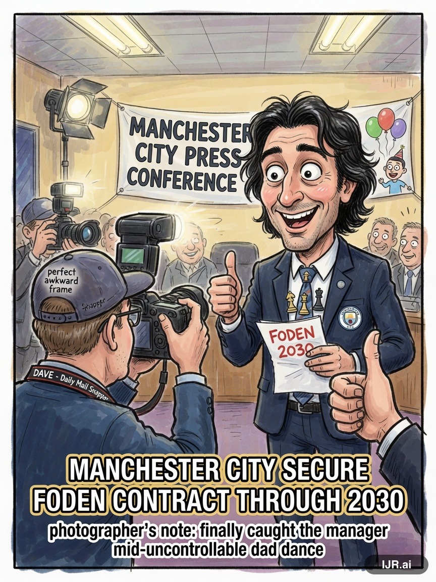 Press Pool Penny on Enzo Maresca — "Manchester City secure Foden contract through 2030" · AI parody, fiction for entertainment