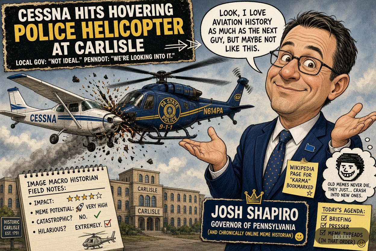 Meme Queen Mae on Josh Shapiro — "Cessna Hits Hovering Police Helicopter at Carlisle" · AI parody, fiction for entertainment
