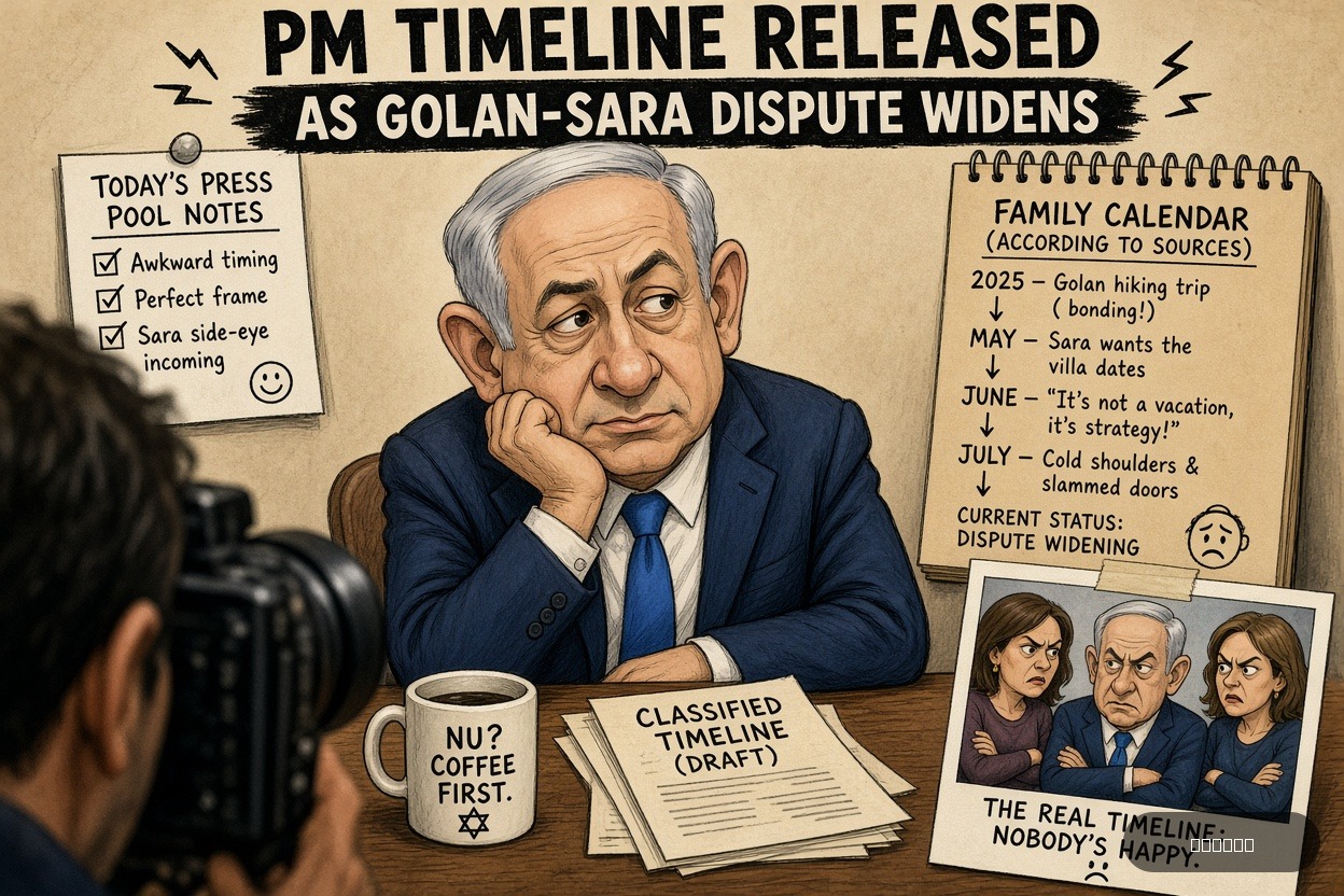 Press Pool Penny on Benjamin Netanyahu — "PM Timeline Released as Golan-Sara Dispute Widens" · AI parody, fiction for entertainment