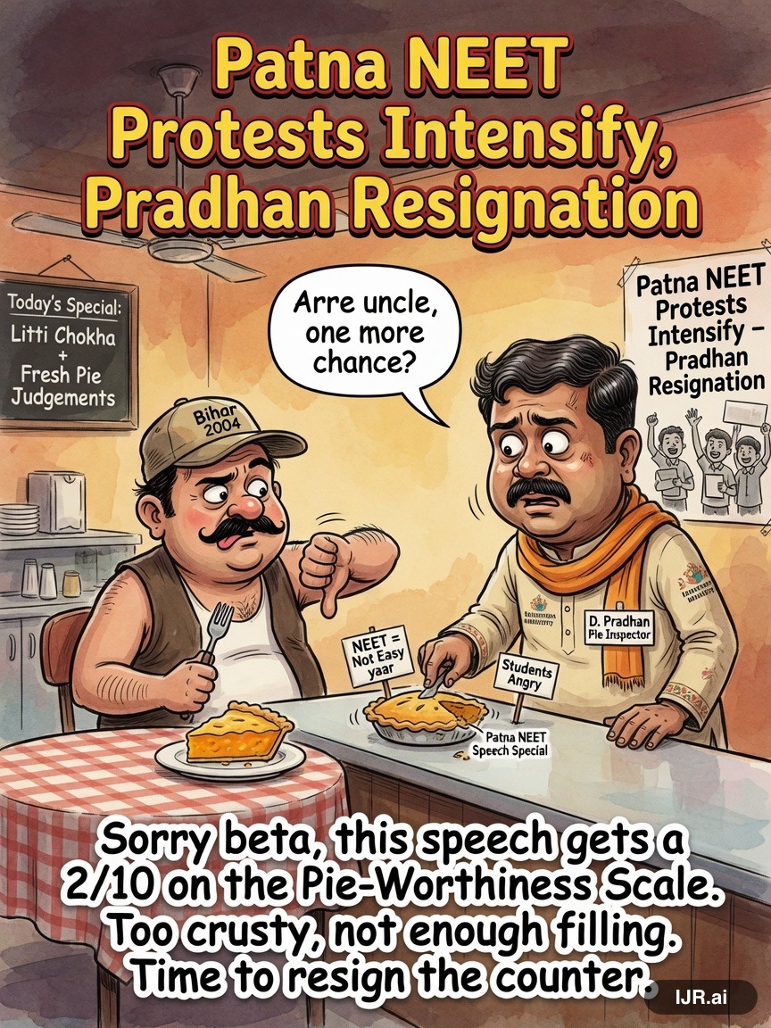 Caucus Cathy on Dharmendra Pradhan — "Patna NEET Protests Intensify, Pradhan Resignation" · AI parody, fiction for entertainment