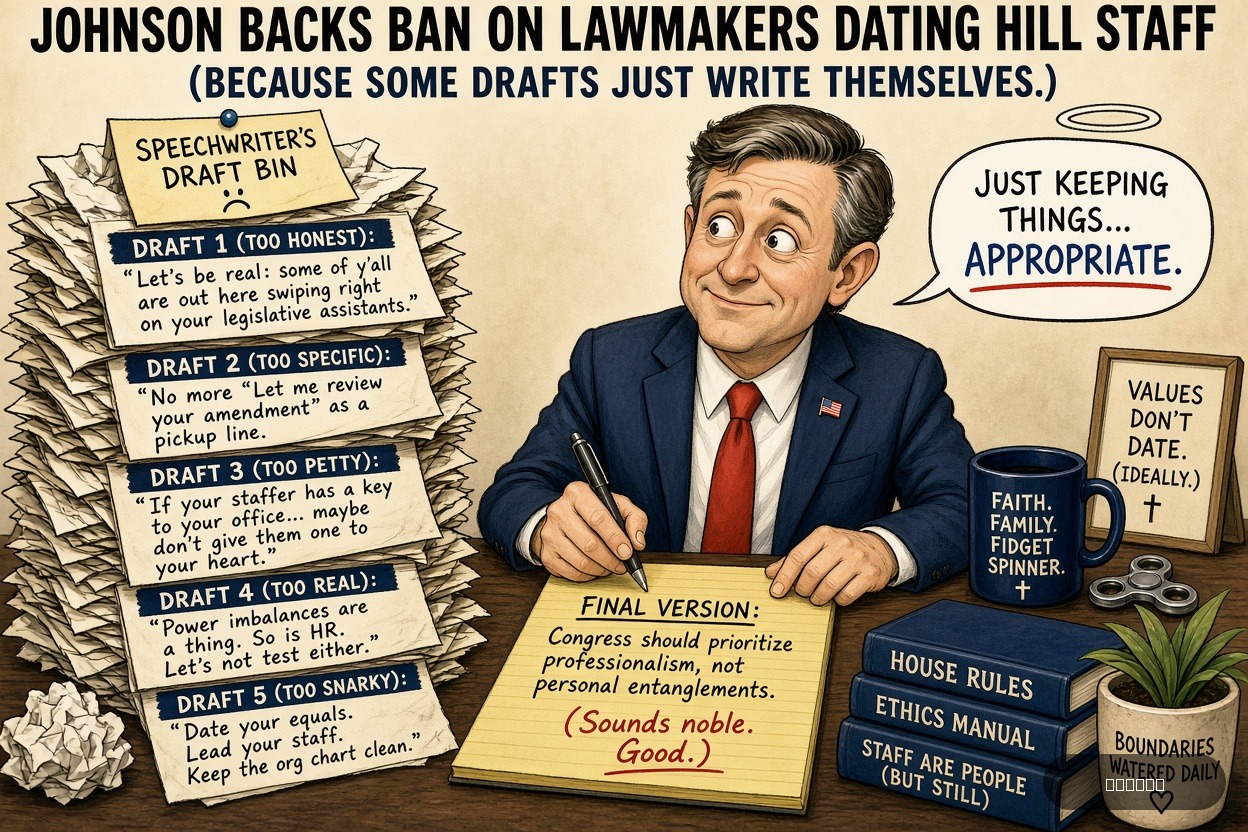 Teleprompter Tina on Mike Johnson — "Johnson backs ban on lawmakers dating Hill staff" · AI parody, fiction for entertainment
