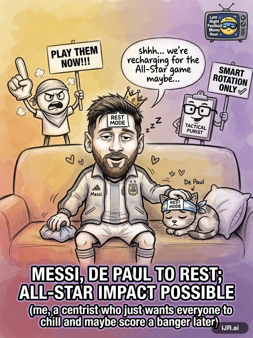 Centrist Cindy on Lionel Messi — "Messi, De Paul to Rest; All-Star Impact Possible" · AI parody, fiction for entertainment