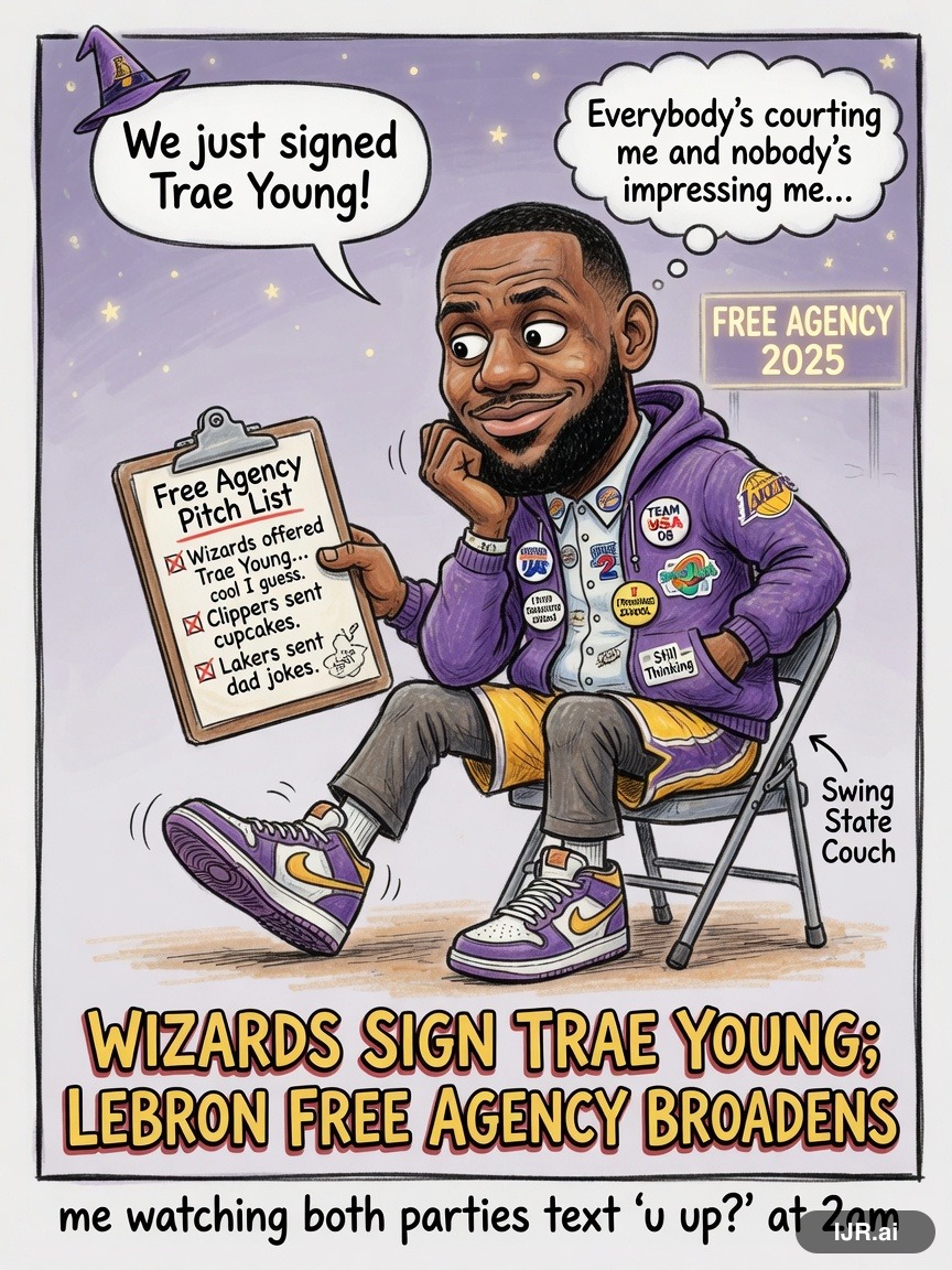 Swing State Sue on LeBron James — "Wizards Sign Trae Young; LeBron Free Agency Broadens" · AI parody, fiction for entertainment