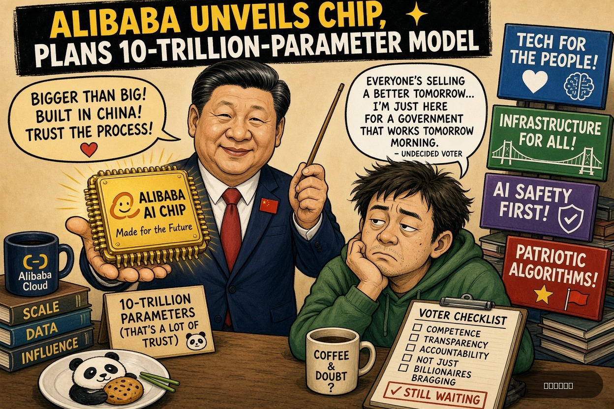 Swing State Sue on Xi Jinping — "Alibaba Unveils Chip, Plans 10-Trillion-Parameter Model" · AI parody, fiction for entertainment