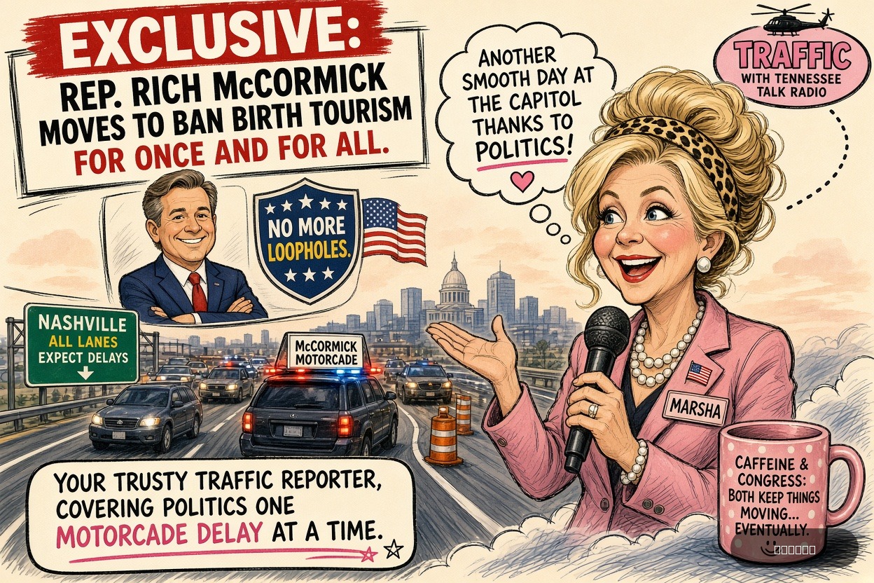 Motorcade Mike on Marsha Blackburn — "EXCLUSIVE: Rep. Rich McCormick Moves To Ban Birth Tourism For Once And For All" · AI parody, fiction for entertainment