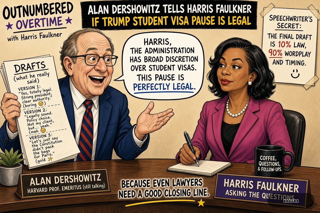 Teleprompter Tina on Alan Dershowitz — "Alan Dershowitz Tells Harris Faulkner If Trump Student Visa Pause Is Legal" · AI parody, fiction for entertainment